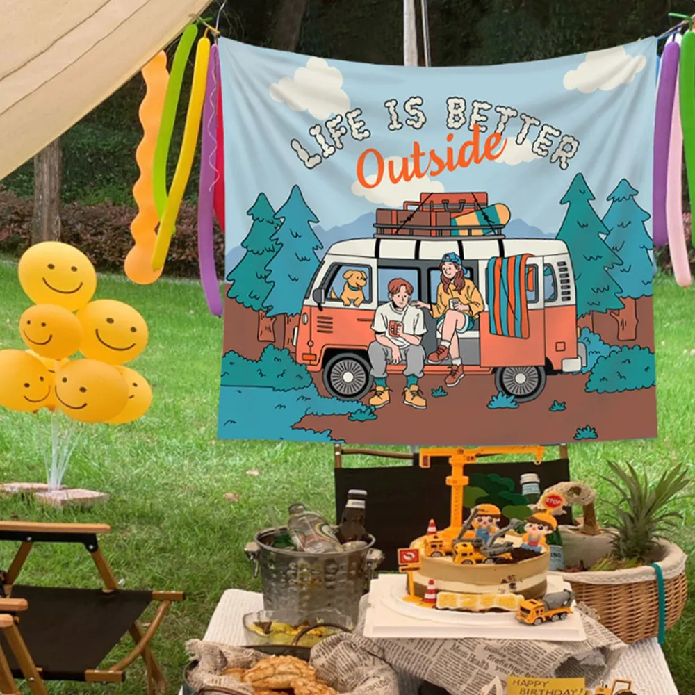 Outdoor Adventure Background - Retro Camper Van Wandteppich, Wandbehang mit