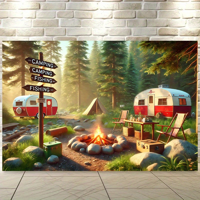 Outdoor Adventure Rv - Camping-Wohnwagen-Wandteppich Outdoor-Abenteuer-Dekoration Wald-Lagerfeuer-Schild Angeln Natur-Landschaft Männerhöhle