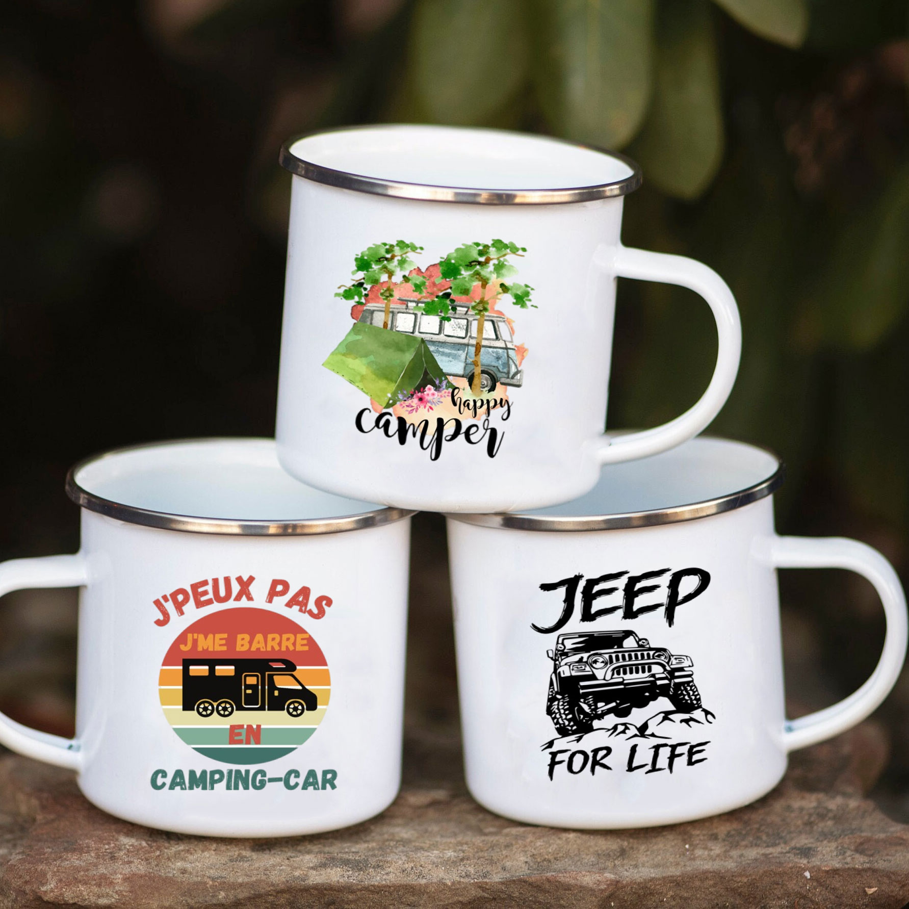 Outdoor Adventure Ideas - Camping Auto Emaille Becher Abenteuer zusammen