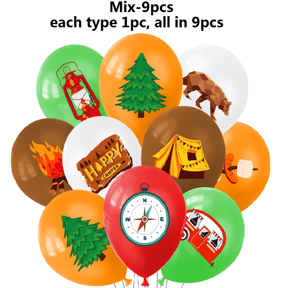 Outdoor Adventure Boys - 9-teiliges Happy Camping-Ballon-Set, Outdoor-Abenteuer, grün-braunes Latex-Ballon-Set,