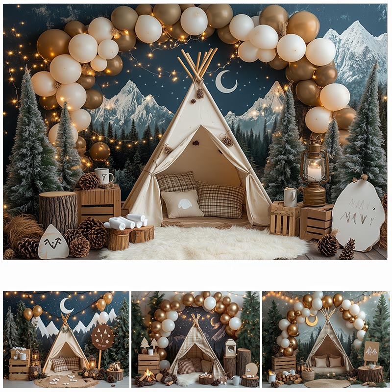 Outdoor Adventure Background - LS Nacht-Camping-Fotografie-Hintergrund: Waldzelt, Lagerfeuer, Mond –