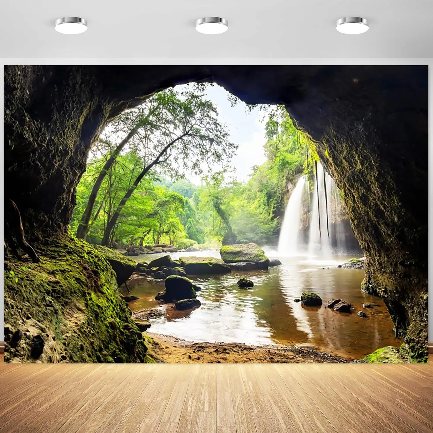 Outdoor Adventure Background - Wald, Wasserfall, Berghöhle, grüne Bäume, Natur,