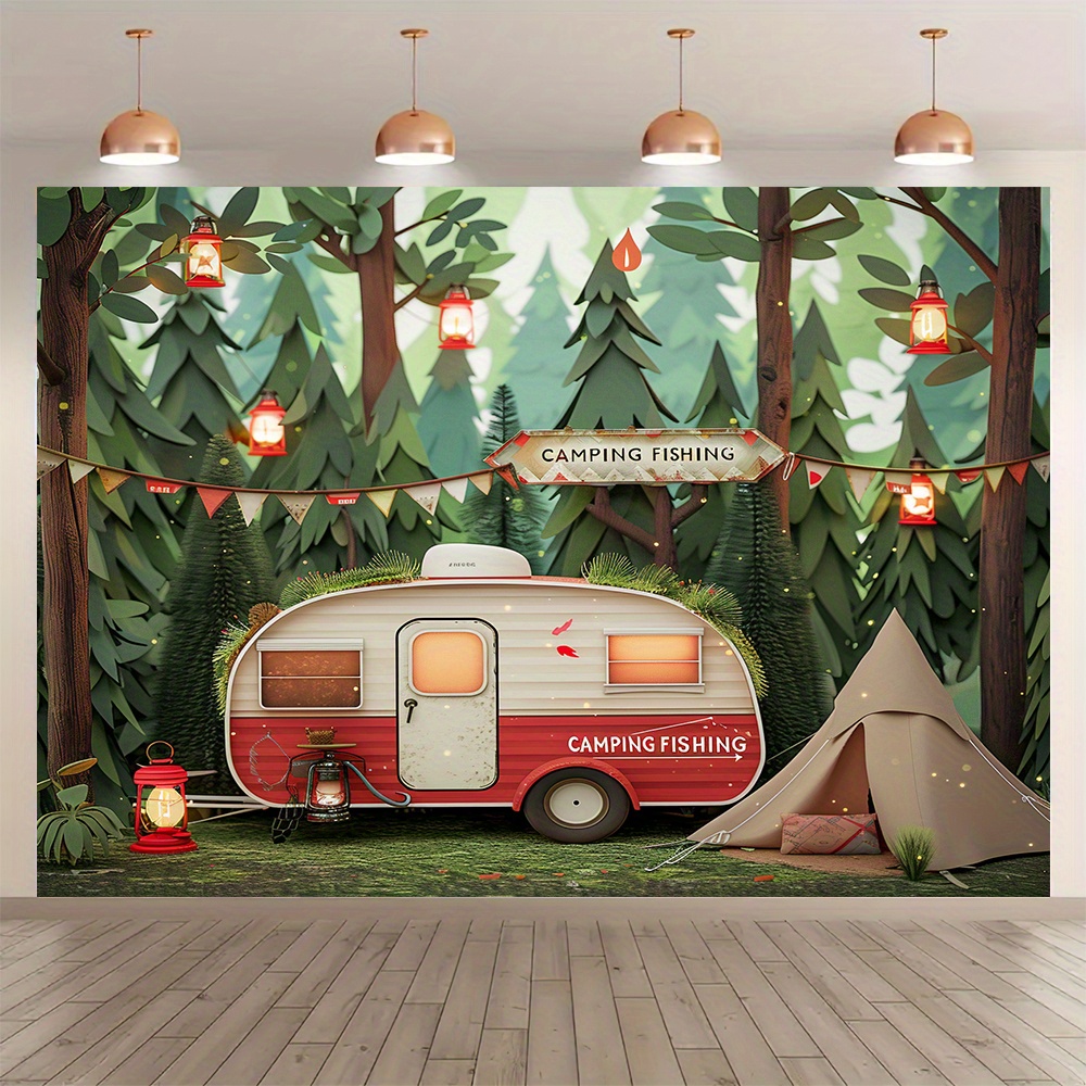Outdoor Adventure Background - Wandteppich mit Dschungel-Camping-Motiv, Fotografie-Hintergrundbanner für Wohnmobil-